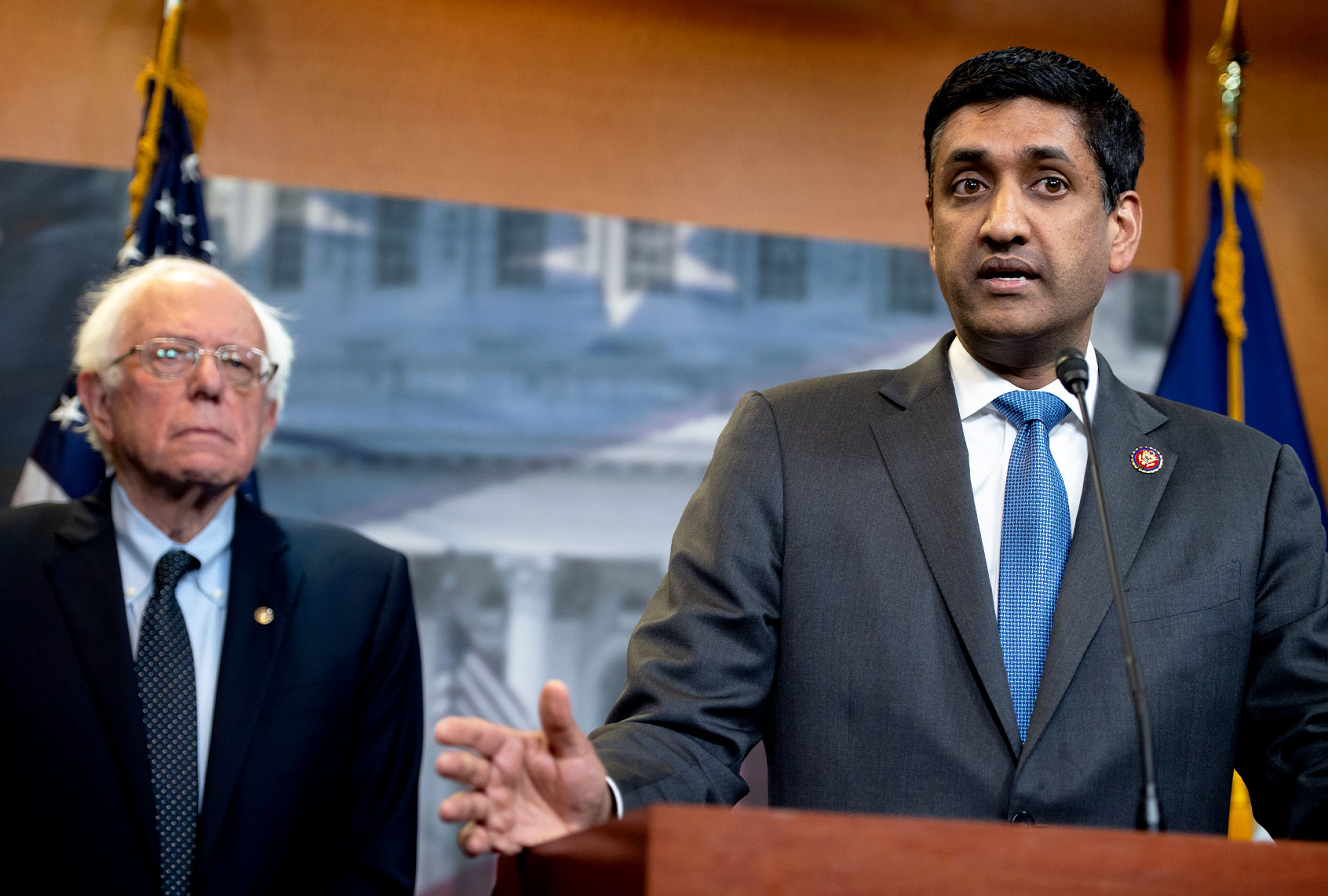US Representative Ro Khanna, Democrat of California, and US Senator Bernie Sanders, Independent of Vermont. (SAUL LOEB/AFP via Getty Images)