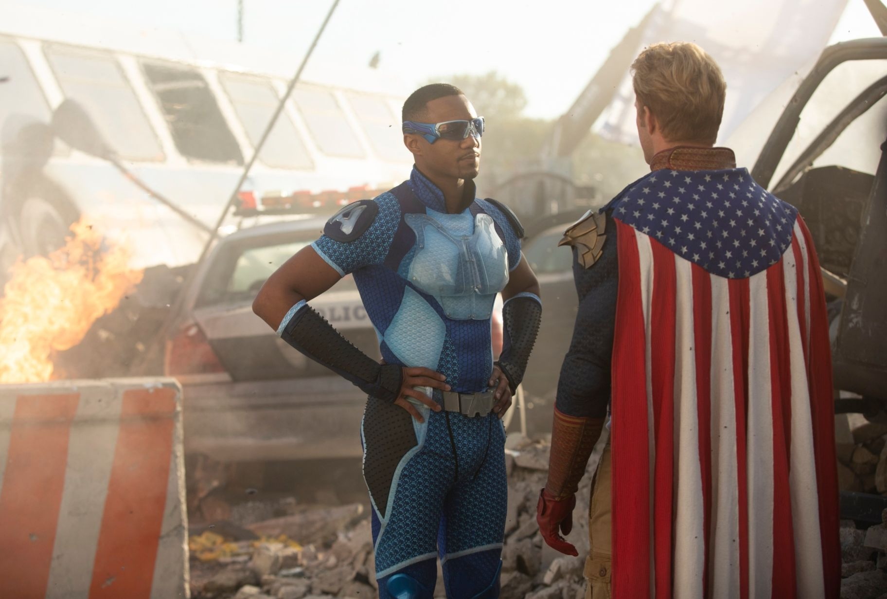 Jessie T. Usher and Antony Starr in "The Boys" (Jasper Savage/Amazon Studios)