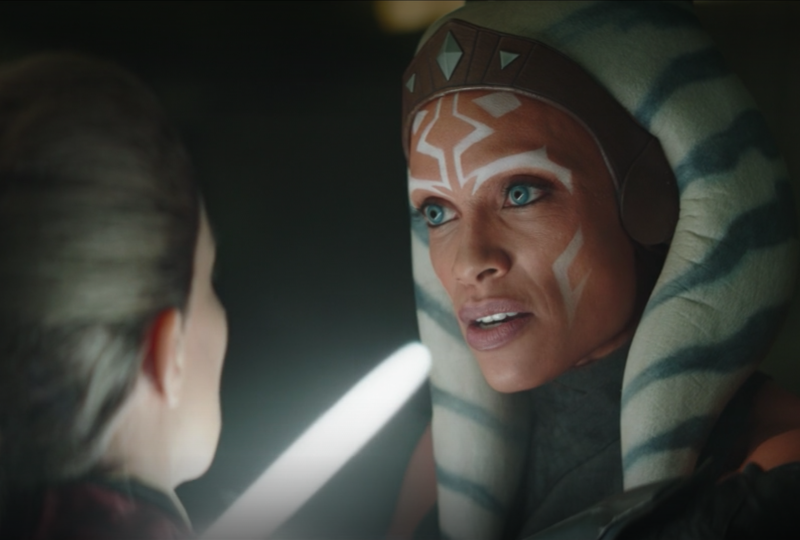 On "The Mandalorian," Rosario Dawson as Ahsoka Tano confronts Magistrate Elspeth (Disney+)