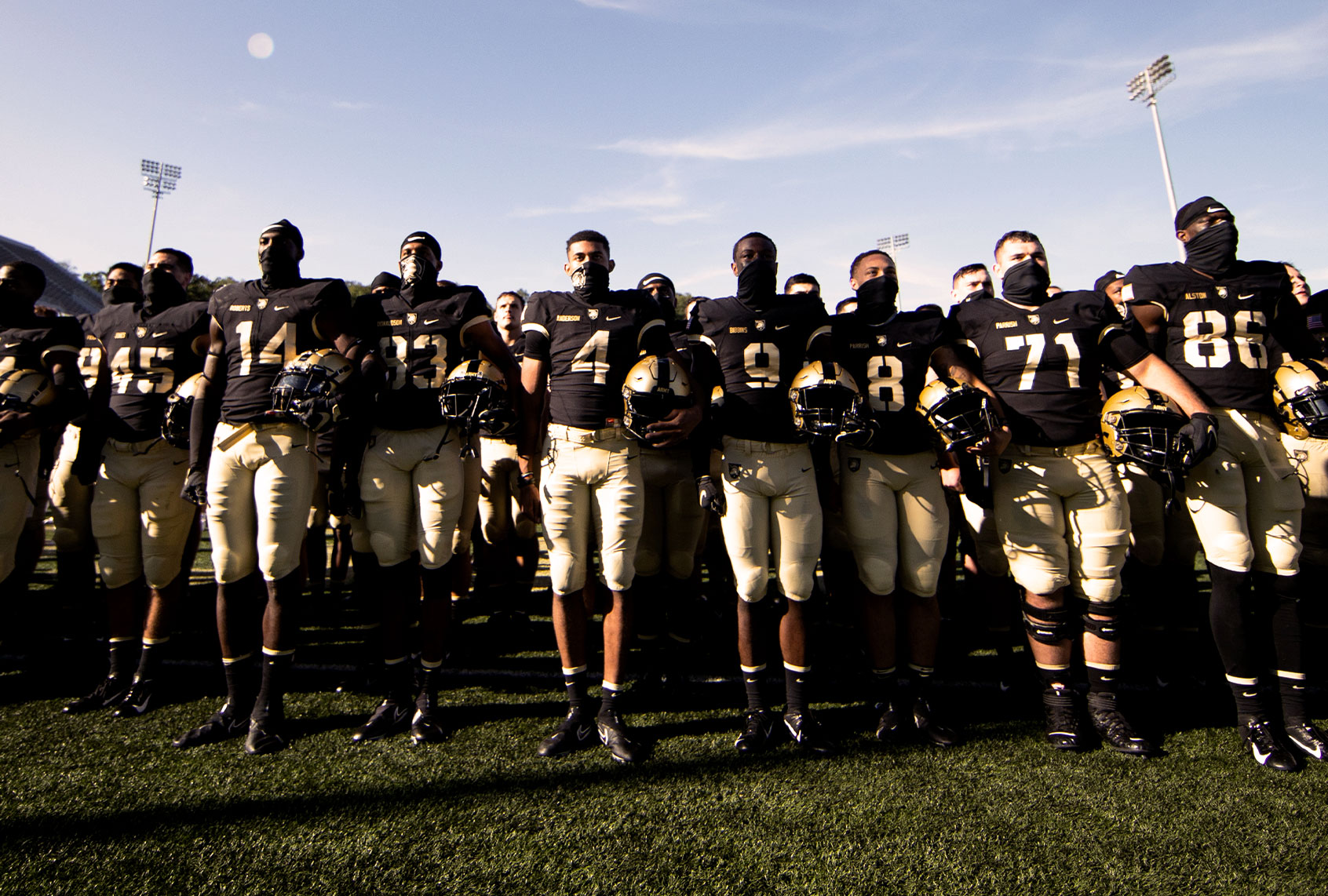 The Army Black Knights sing the United States Military Academy alma mater after winning a game against the Louisiana Monroe Warhawks at Michie Stadium on September 12, 2020 in West Point, New York. (Dustin Satloff/Getty Images)