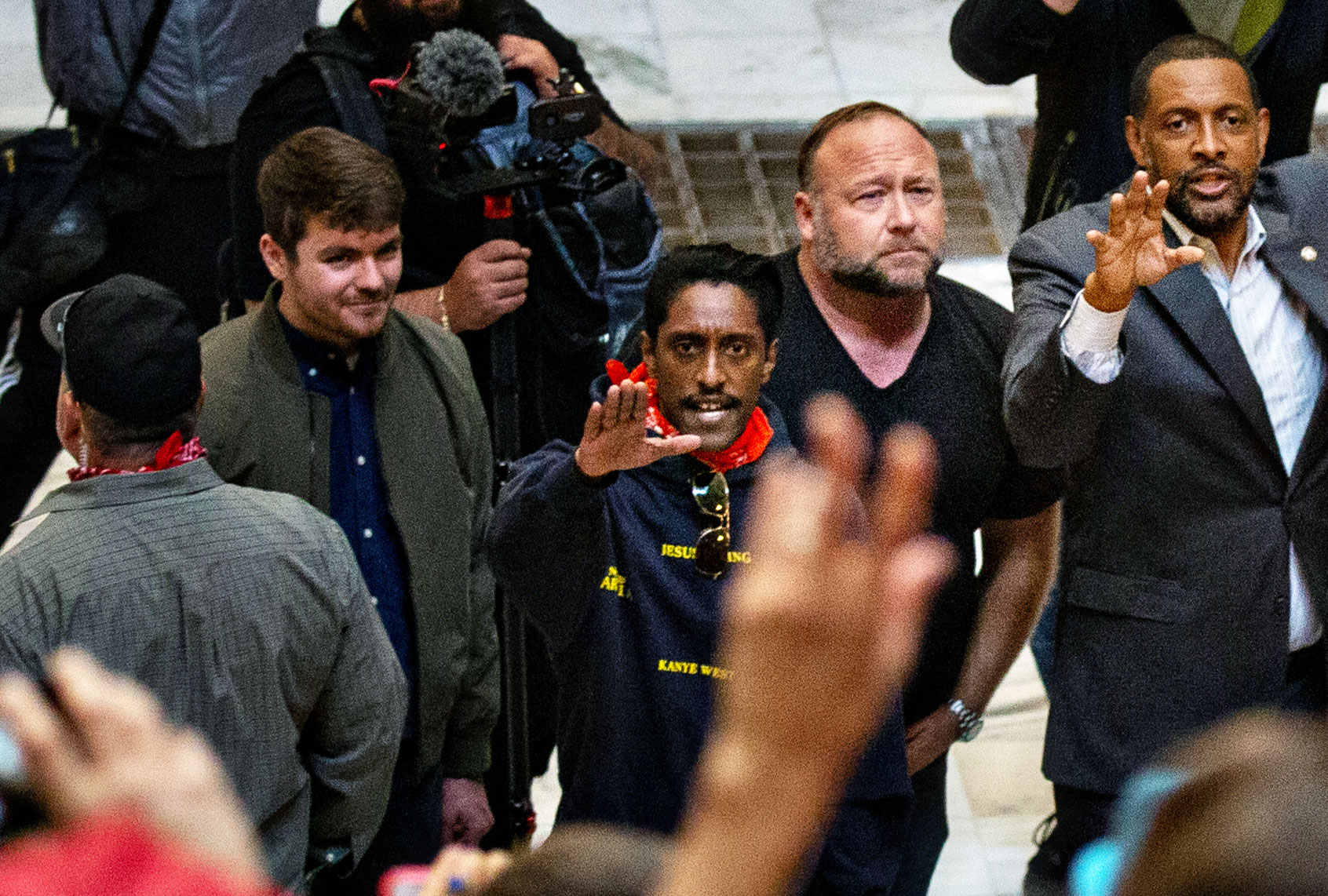 Vernon Jones, Democratic Party member of the Georgia House of Representatives along with and conspiracy theorist Alex Jones and Ali Alexander organizer for Stop the Steal gather at the Georgia Capitol Building  on Wednesday, Nov. 18, 2020 in Atlanta, GA. (Jason Armond / Los Angeles Times)