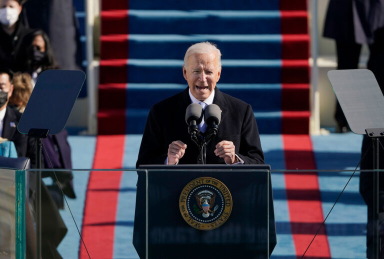 President Joe Biden speaks during the the 59th inaugural ceremony on the West Front of the U.S. Capitol on January 20, 2021 in Washington, DC. During today's inauguration ceremony Joe Biden becomes the 46th president of the United States. (Patrick Semansky-Pool/Getty Images)