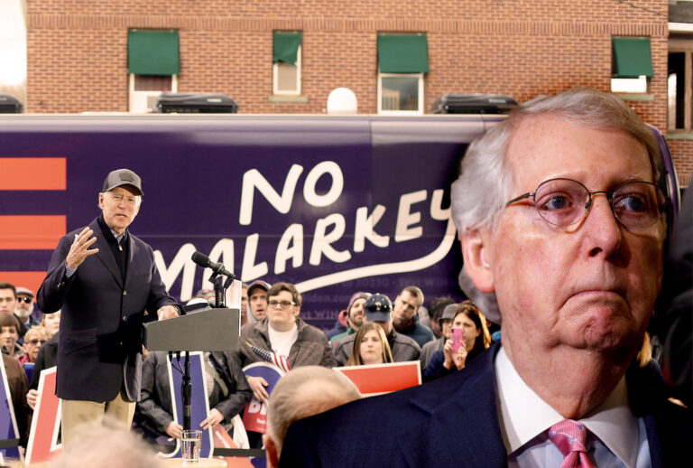 Joe Biden speaks during a campaign event on November 30, 2019 in Council Bluffs, Iowa. | Mitch McConnell (Photo illustration by Salon/Getty Images)