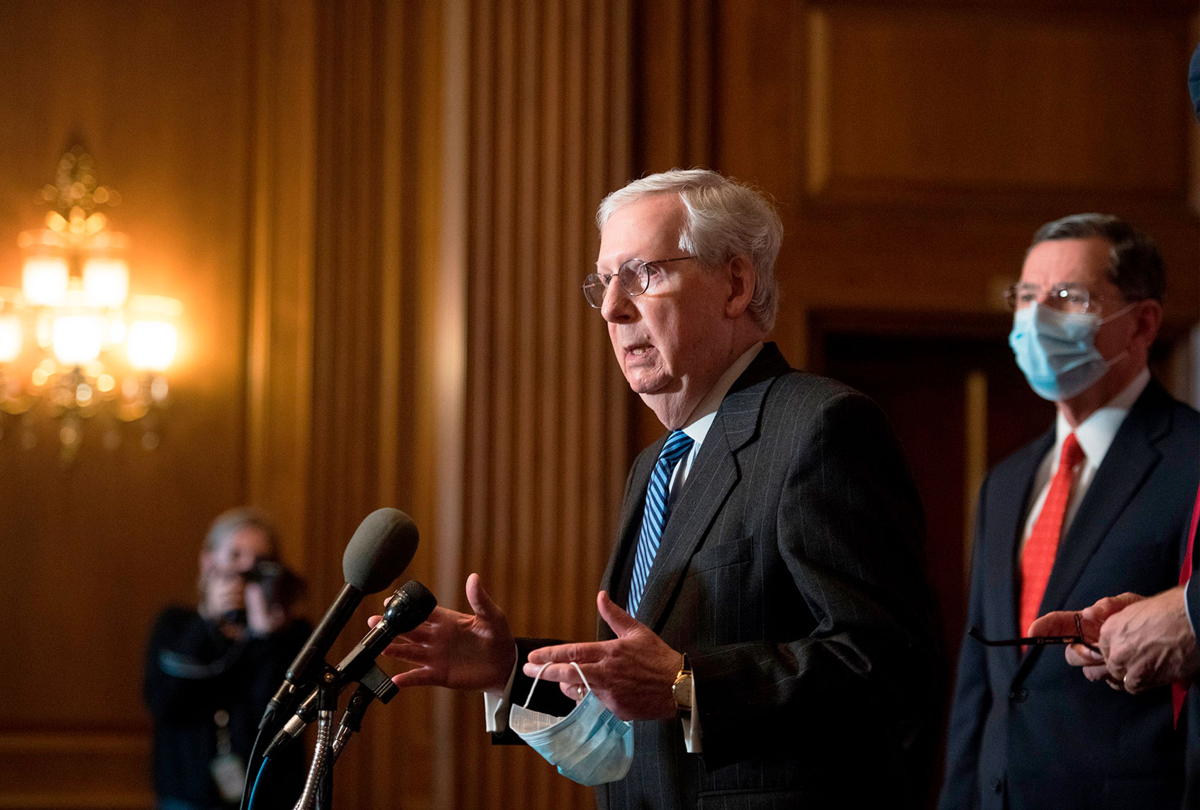 US Senate Majority Leader Mitch McConnell speaks during a news conference with other Senate Republicans at the US Capitol in Washington, DC, on December 15, 2020. (ROD LAMKEY/POOL/AFP via Getty Images)