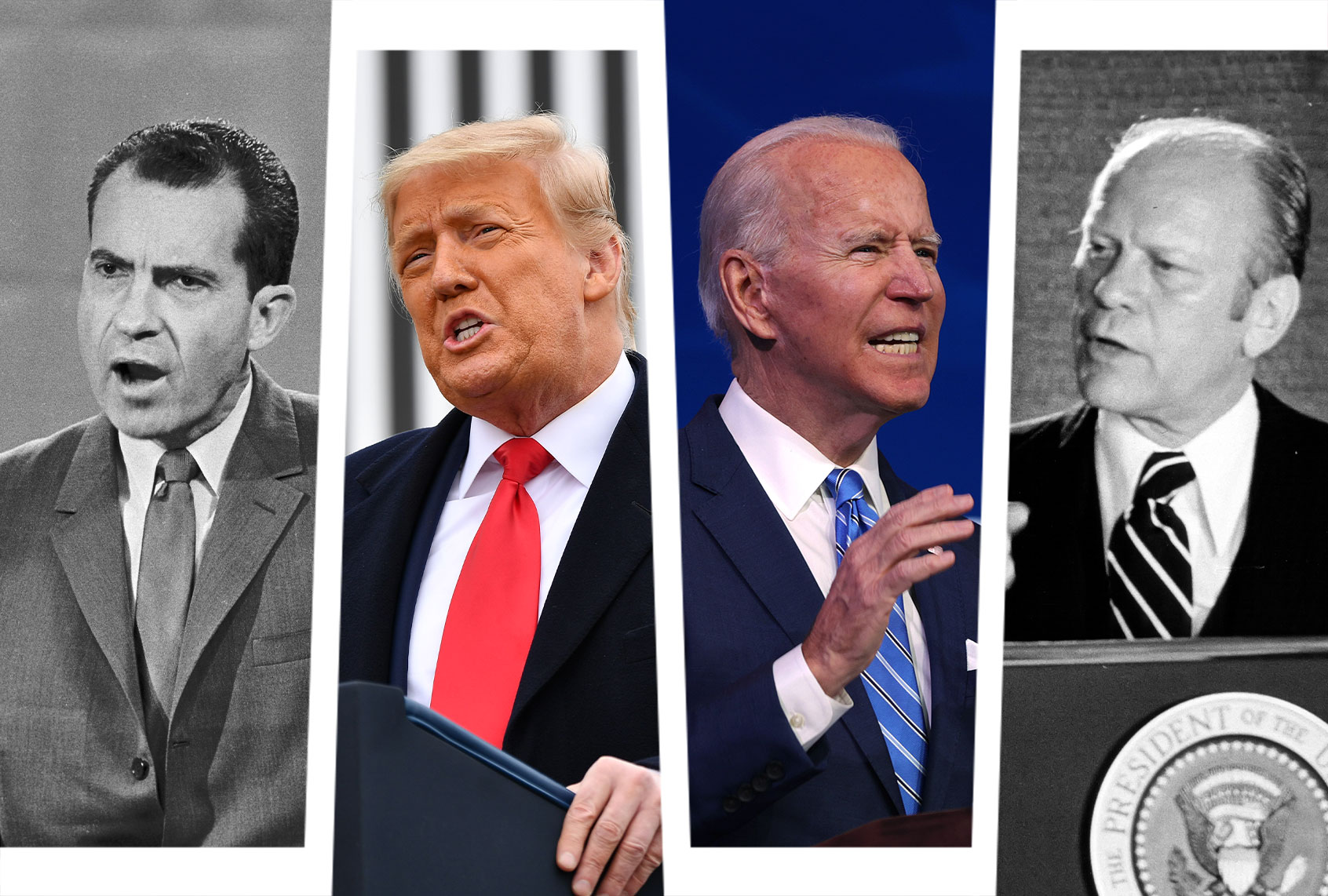 Richard Nixon, Donald Trump, Joe Biden and Gerald Ford (Photo illustration by Salon/Getty Images)