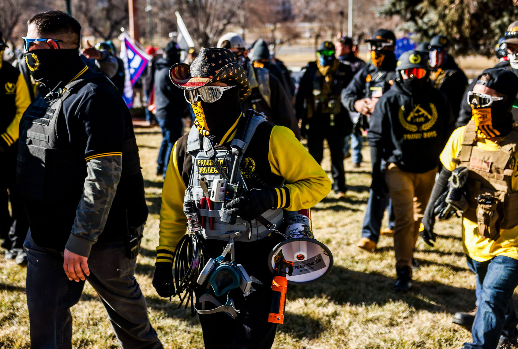 Members of the Proud Boys join Donald Trump supporters as they protest the election outside the Colorado State Capitol on January 6, 2021 in Denver, Colorado. Trump supporters gathered at state capitals across the country to protest todays ratification of Joe Bidens Electoral College victory over President Trump in the 2020 election. (Michael Ciaglo/Getty Images)
