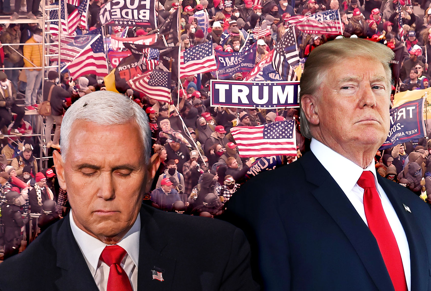 Mike Pence, Donald Trump, and the Trump supporters mobbing the US Capitol building on January 6, 2021. (Photo illustration by Salon/Getty Images)