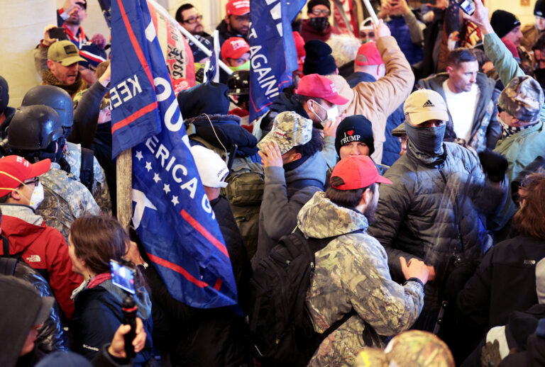 Protesters gather inside the U.S. Capitol Building on January 06, 2021 in Washington, DC. Congress held a joint session today to ratify President-elect Joe Biden's 306-232 Electoral College win over President Donald Trump. A group of Republican senators said they would reject the Electoral College votes of several states unless Congress appointed a commission to audit the election results. (Win McNamee/Getty Images)