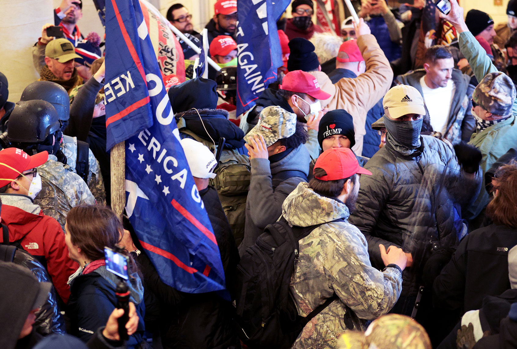 Protesters gather inside the U.S. Capitol Building on January 06, 2021 in Washington, DC. Congress held a joint session today to ratify President-elect Joe Biden's 306-232 Electoral College win over President Donald Trump. A group of Republican senators said they would reject the Electoral College votes of several states unless Congress appointed a commission to audit the election results. (Win McNamee/Getty Images)