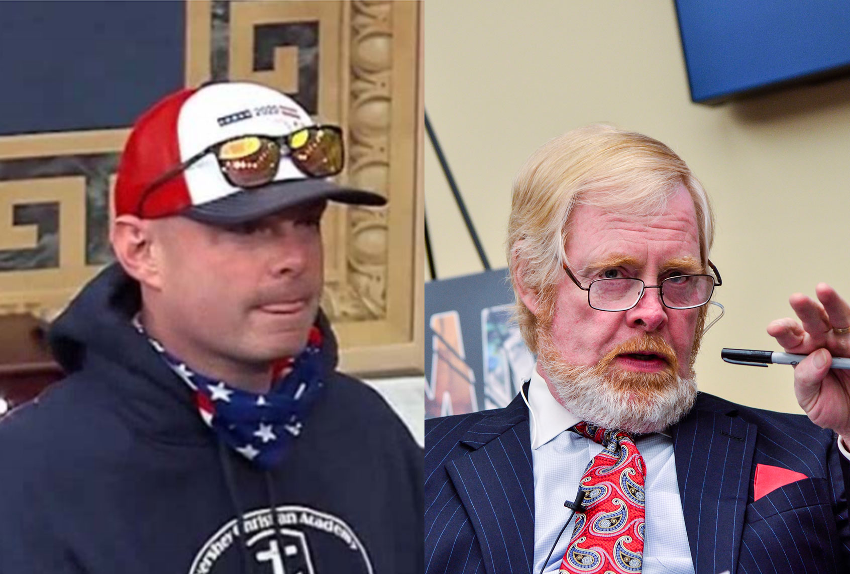 Leo Brent Bozell IV taking part in the rioting at the U.S. Capitol on Jan. 6, and Leo Brent Bozell III, Founder and President of the Media Research Center (Photo illustration by Salon/Getty Images/US Department Of Justice)