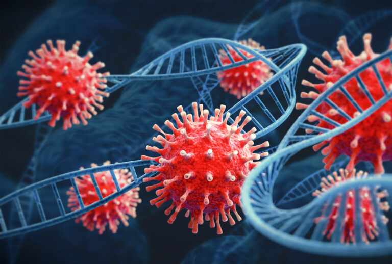 Ominous red COVID-19 coronavirus cells under microscope magnification intertwined with dark blue DNA cell structure (Getty Images)