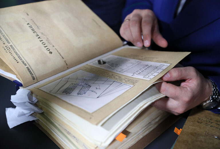 Files seen during a press conference on the investigation of the Dyatlov Pass Incident case that has recently been reopened. Between February 1 and 2, 1959, a group of nine skiers led by Igor Dyatlov died under unclear circumstances in the Northern Urals. (Donat SorokinTASS via Getty Images)