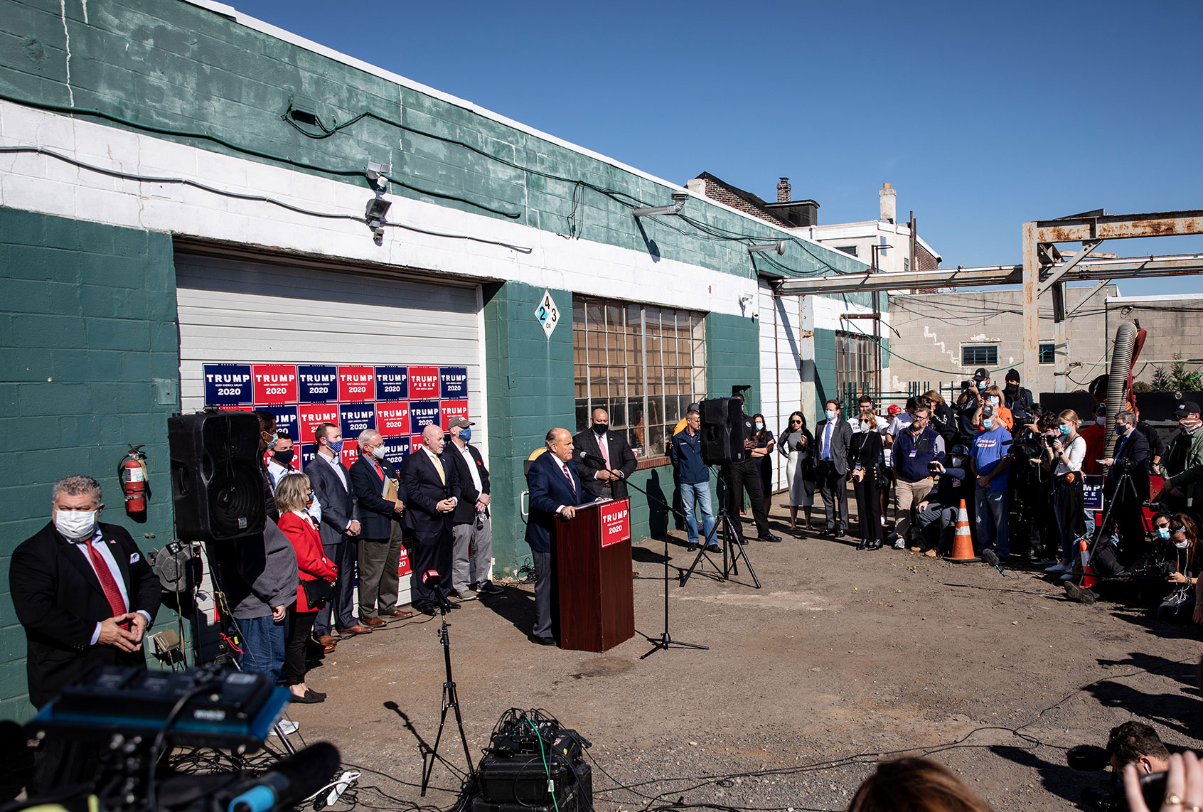 Attorney for the President, Rudy Giuliani speaks to the media at a press conference held in the back parking lot of Four Seasons Total Landscaping on November 7, 2020 in Philadelphia, Pennsylvania. The press conference took place just minutes after news networks announced that Joe Biden had won the presidency over Donald Trump after it was projected that he had won the state of Pennsylvania. (Chris McGrath/Getty Images)