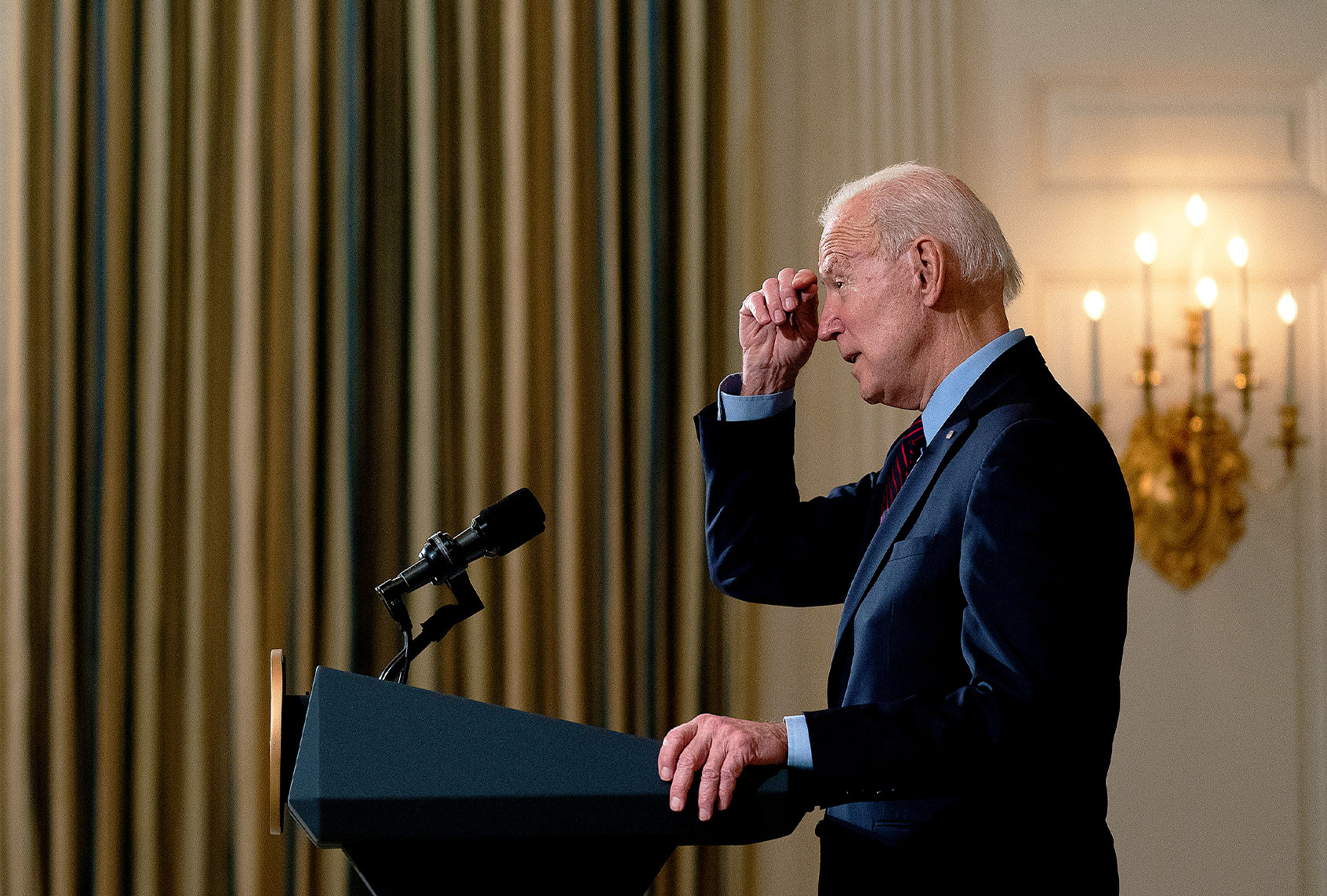 U.S. President Joe Biden delivers remarks on the national economy and the need for his administration's proposed $1.9 trillion coronavirus relief legislation in the State Dining Room at the White House on February 05, 2021 in Washington, DC. Biden hosted lawmakers from both parties at the White House this week in an effort to push his pandemic relief plan forward. (Stefani Reynolds-Pool/Getty Images)