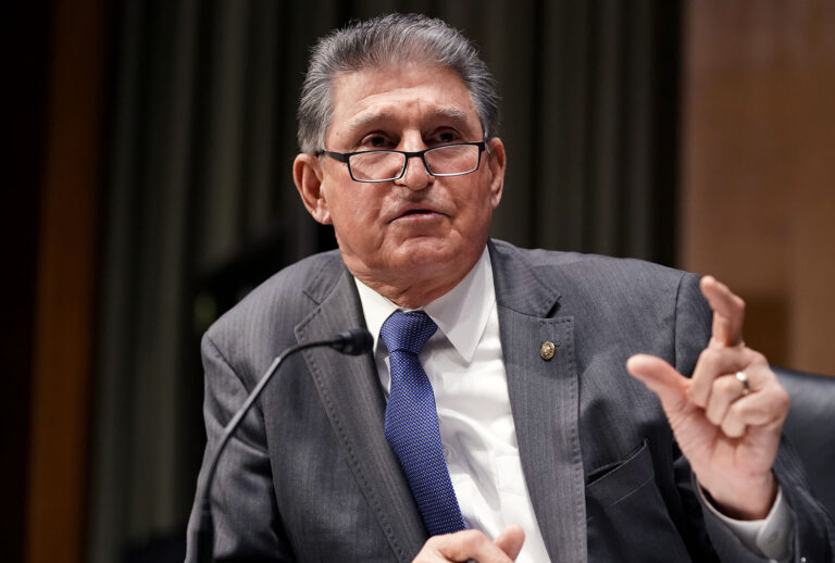 Sen. Joe Manchin (D-WV) questions President-elect Joe Biden's nominee for Secretary of Defense Retired Army Gen. Lloyd Austin answers questions during his confirmation before the Senate Armed Services Committee at the Dirksen Senate Office Building on Capitol Hill on January 19, 2021 in Washington, DC. (Greg Nash-Pool/Getty Images)