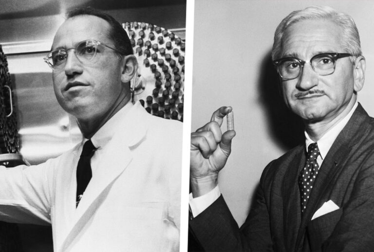 Dr. Jonas Salk stands in the University of Pittsburgh laboratory in which he developed a vaccine for polio. | Dr. Albert Bruce Sabin, of the University of Cincinnati College of Medicine, holds a vial containing a newly developed oral polio vaccine. (Photo illustration by Salon/Getty Images)