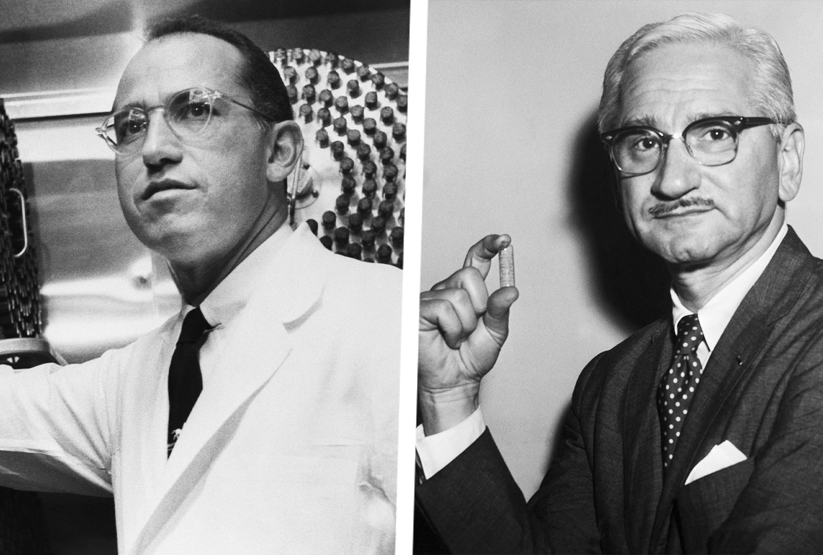 Dr. Jonas Salk stands in the University of Pittsburgh laboratory in which he developed a vaccine for polio. | Dr. Albert Bruce Sabin, of the University of Cincinnati College of Medicine, holds a vial containing a newly developed oral polio vaccine. (Photo illustration by Salon/Getty Images)