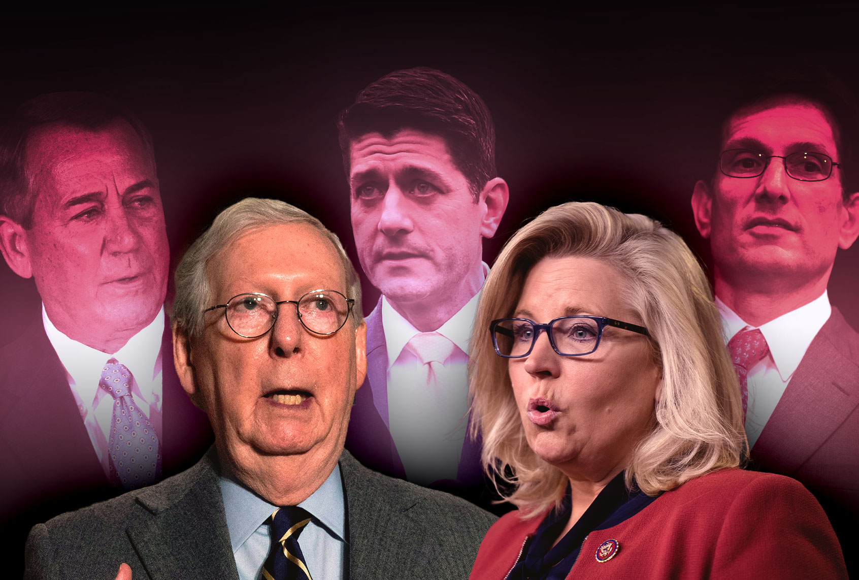 Mitch McConnell and Liz Cheney, haunted by Paul Ryan, John Boehner and Eric Cantor (Photo illustration by Salon/Getty Images)