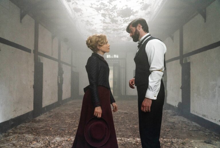 Kate Phillips as Eliza and Stuart Martin as William Wellington in "Miss Scarlet & the Duke" (PBS )