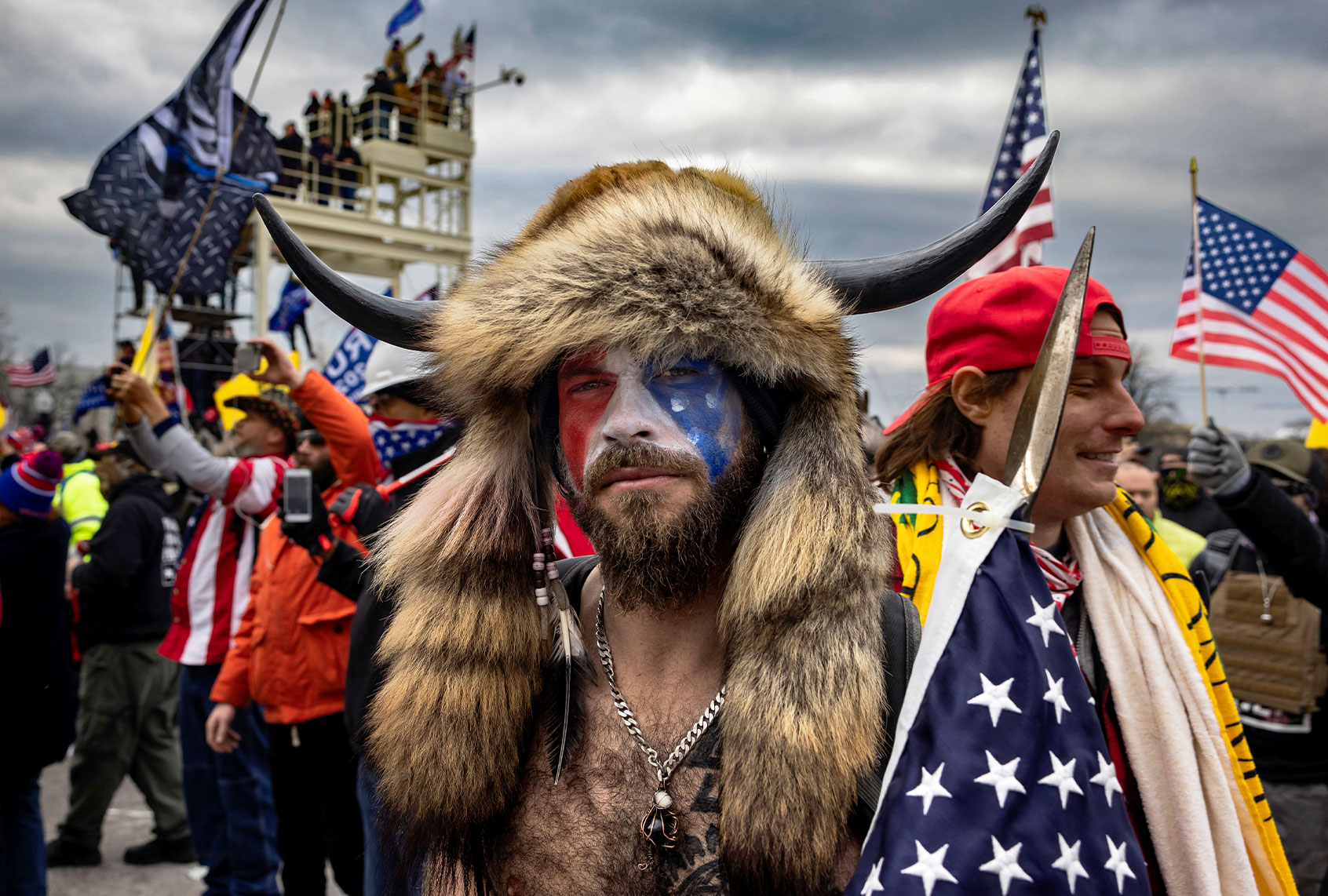 Jacob Anthony Angeli Chansley, known as the QAnon Shaman, is seen at the Capital riots. (Brent Stirton/Getty Images)