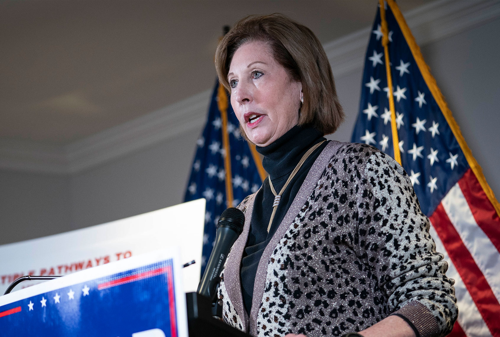Attorney Sidney Powell speaks during a news conference about lawsuits contesting the results of the presidential election at the Republican National Committee headquarters in Washington, D.C., on Thursday Nov. 19, 2020. (Sarah Silbiger for The Washington Post via Getty Images)