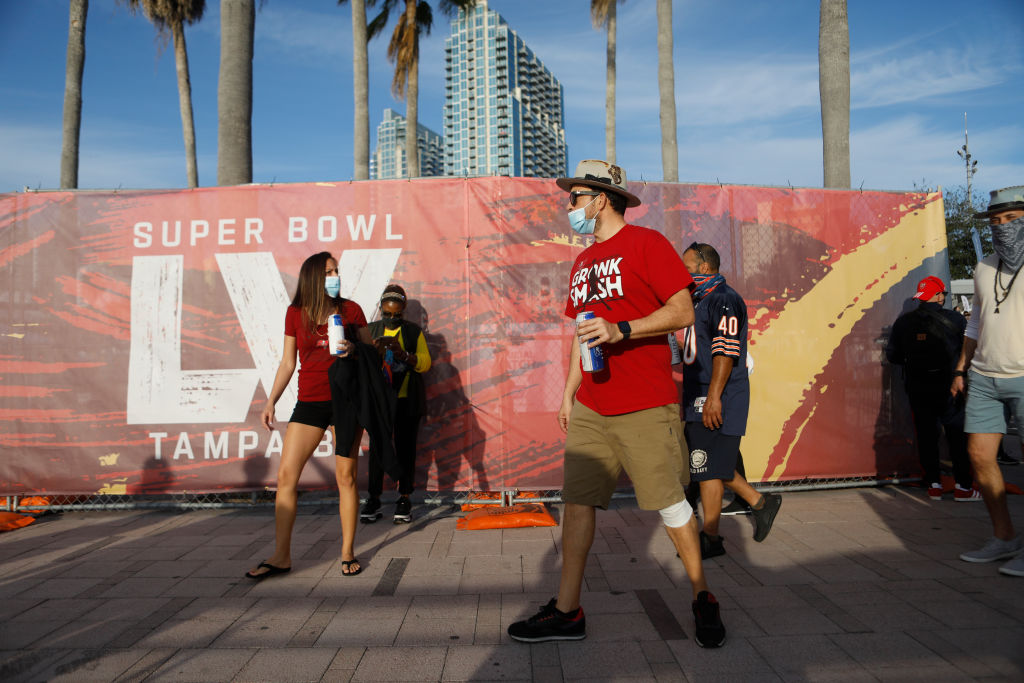 TAMPA, FL - JANUARY 30: National Football League fans convene in downtown Tampa ahead of Super Bowl LV during the COVID-19 pandemic on January 30, 2021 in Tampa, Florida. The Tampa Bay Buccaneers will play the Kansas City Chiefs in Raymond James Stadium for Super Bowl LV on February 7. (Photo by Octavio Jones/Getty Images)