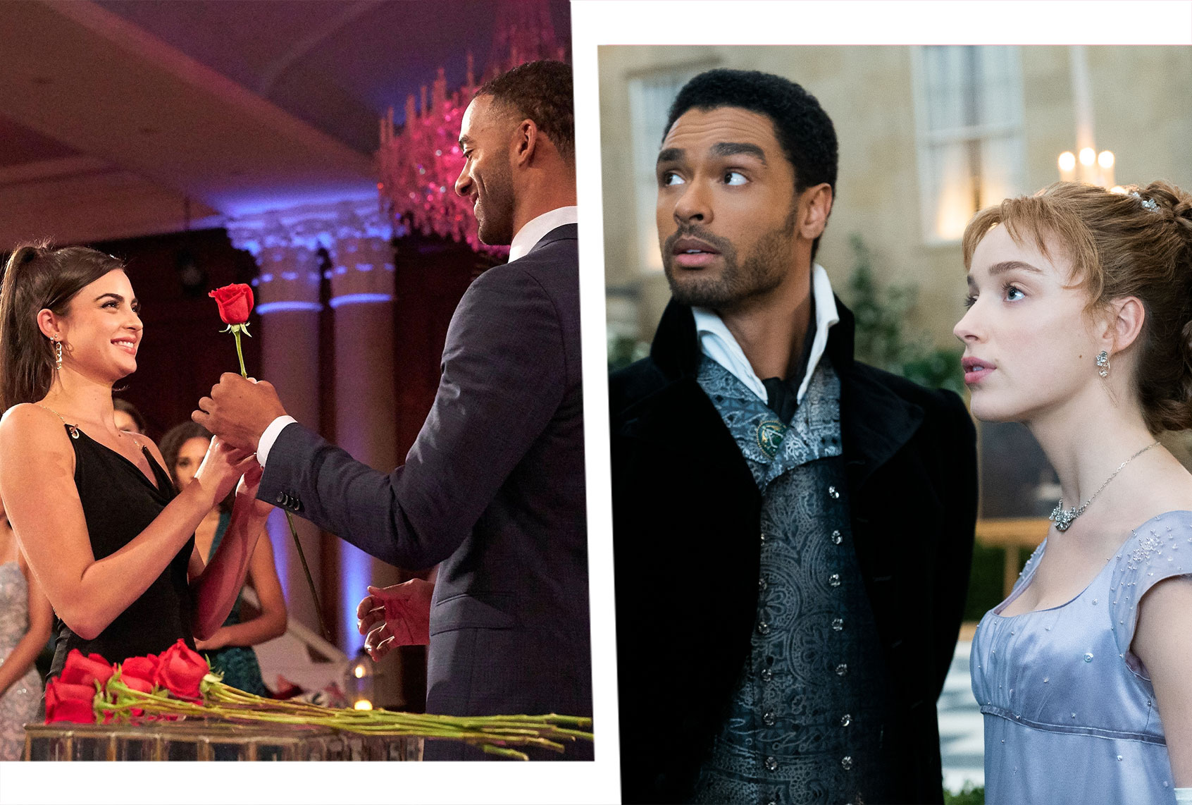 Rachael Kirkconnell and Matt James on "The Bachelor," and Regé-Jean Page and Phoebe Dynevor in "Bridgerton" (Photo illustration by Salon/ABC/Netflix)
