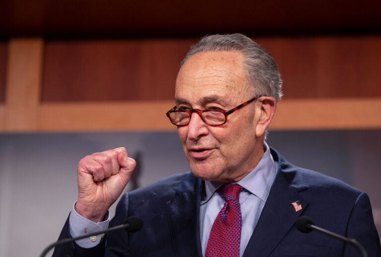 U.S. Senate Majority Leader Sen. Chuck Schumer (D-NY) speaks to the press at the U.S. Capitol on March 06, 2021 in Washington, DC. The Senate passed the latest COVID-19 relief bill by 50 to 49 on a party-line vote, after an all-night session. (Tasos Katopodis/Getty Images)