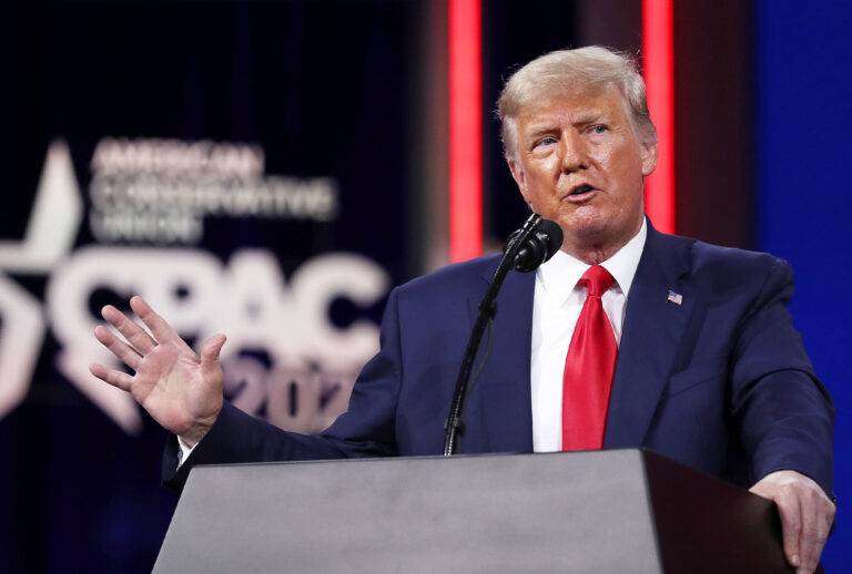 Former U.S. President Donald Trump addresses the Conservative Political Action Conference (CPAC) held in the Hyatt Regency on February 28, 2021 in Orlando, Florida. (Joe Raedle/Getty Images)