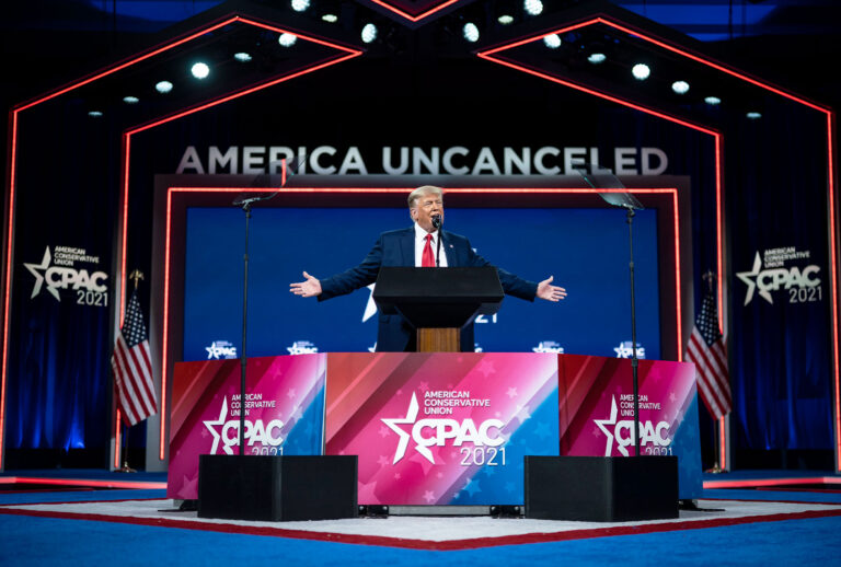 Former President Donald J Trump speaks during the final day of the Conservative Political Action Conference CPAC held at the Hyatt Regency Orlando on Sunday, Feb 28, 2021 in Orlando, FL. (Jabin Botsford/The Washington Post via Getty Images)
