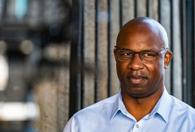 Former middle school principal Jamaal Bowman speaks during an interview with a reporter outside a subway station on June 17, 2020 in the Bronx borough of New York City. (Jeenah Moon/Getty Images)