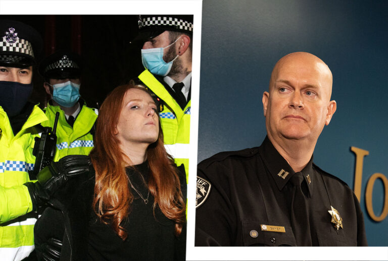 Hundreds of people gathered at a peaceful vigil for Sarah Everard on Clapham Common in South London on the 13th of March 2021, London, United Kingdom. The vigil was not sanctioned by police because of Covid restrictions and the police decided to arrest a number of people in an attempt to end the peaceful and highly emotional vigil. | Captain Jay Baker, of the Cherokee County Sheriff's Office, speaks at a press conference on March 17, 2021 in Atlanta, Georgia. (Photo illustration by Salon/Getty Images)