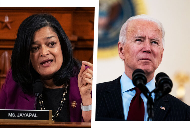 Pramila Jayapal and Joe Biden (Photo illustration by Salon/Getty Images)