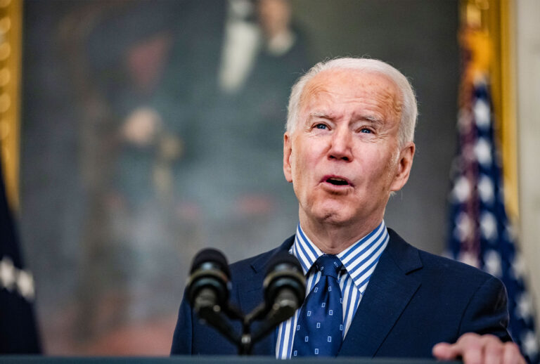 President Joe Biden speaks from the State Dining Room following the passage of the American Rescue Plan in the U.S. Senate at the White House on March 6, 2021 in Washington, DC. (Samuel Corum/Getty Images)