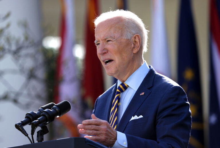 U.S. President Joe Biden speaks during an event on the American Rescue Plan in the Rose Garden of the White House on March 12, 2021 in Washington, DC. President Biden signed the $1.9 trillion American Rescue Plan Act into law that will send aid to millions of Americans struggling from the COVID-19 pandemic. (Alex Wong/Getty Images)