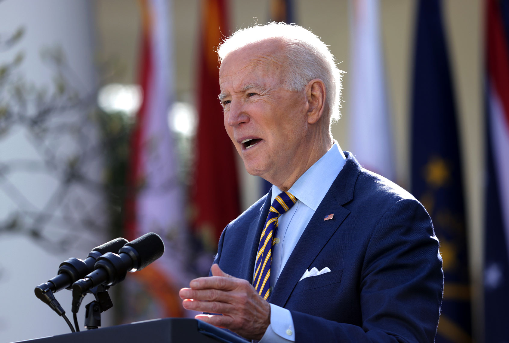 U.S. President Joe Biden speaks during an event on the American Rescue Plan in the Rose Garden of the White House on March 12, 2021 in Washington, DC. President Biden signed the $1.9 trillion American Rescue Plan Act into law that will send aid to millions of Americans struggling from the COVID-19 pandemic. (Alex Wong/Getty Images)