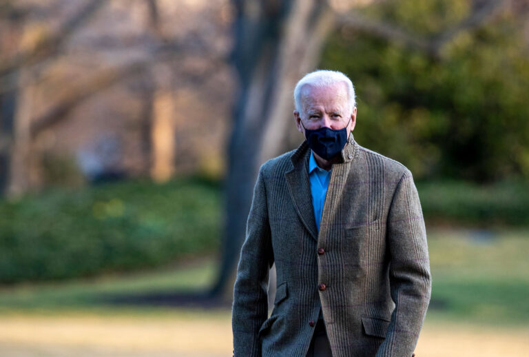 U.S. President Joe Biden stops to talk to the media after stepping off Marine One on the South Lawn of the White House on March 14, 2021 in Washington, DC. President Biden and First Lady Dr. Jill Biden were traveling from Wilmington, Delaware, where they spent the weekend with family and friends. (Tasos Katopodis/Getty Images)