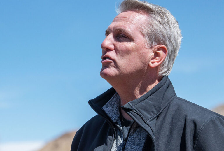 House Minority Leader Kevin McCarthy addresses the press during the congressional border delegation visit to El Paso, Texas on March 15, 2021. (JUSTIN HAMEL/AFP via Getty Images)