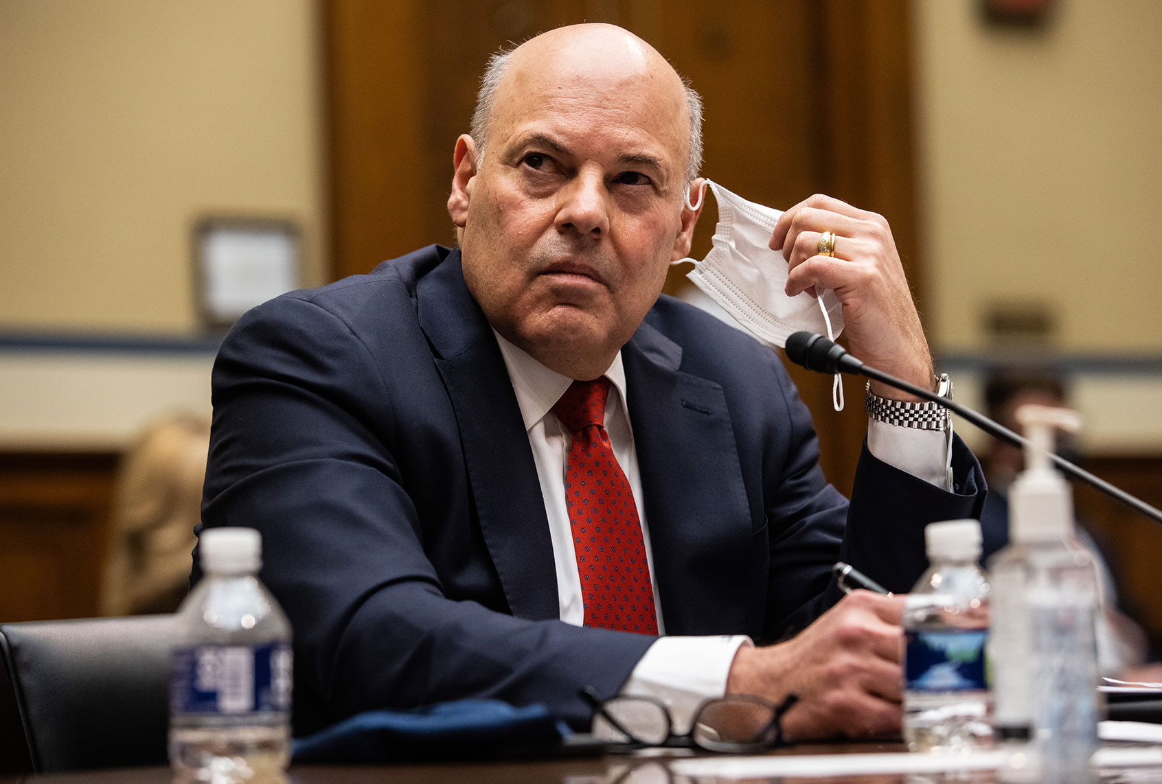 United States Postmaster General Louis Dejoy looks on during a House Committee on Oversight and Reform hearing. (Graeme Jennings-Pool/Getty Images)