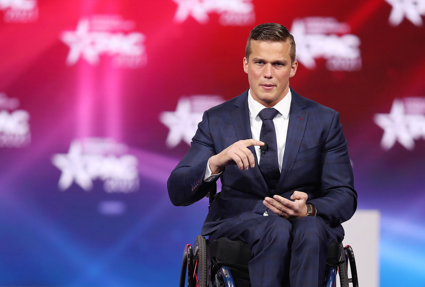 Rep. Madison Cawthorn (R-NC) addresses the Conservative Political Action Conference being held in the Hyatt Regency on February 26, 2021 in Orlando, Florida. Begun in 1974, CPAC brings together conservative organizations, activists, and world leaders to discuss issues important to them. (Joe Raedle/Getty Images)