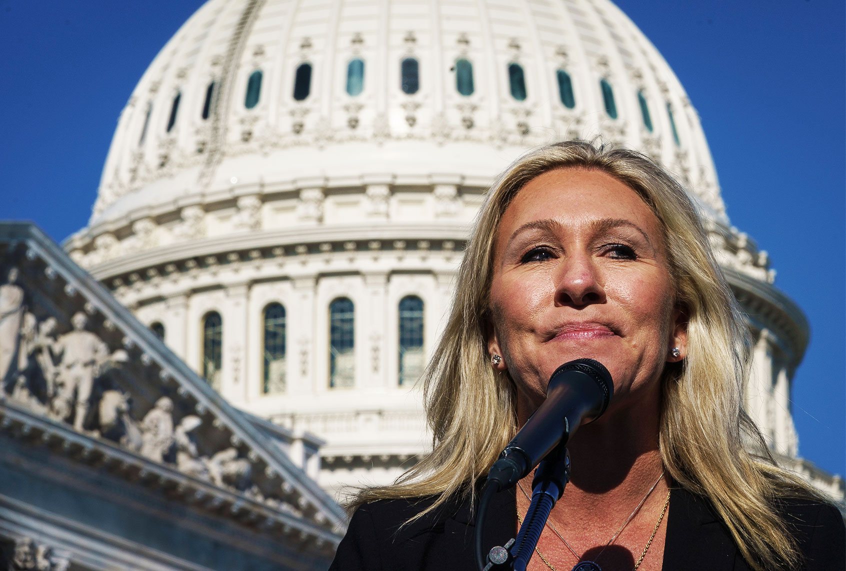 Rep. Marjorie Taylor Greene (R-GA) speaks during a press conference outside the U.S. Capitol on February 5, 2021 in Washington, DC. The House voted 230 to 199 on Friday evening to remove Rep. Marjorie Taylor Greene (R-GA) from committee assignments over her remarks about QAnon and other conspiracy theories. (Drew Angerer/Getty Images)
