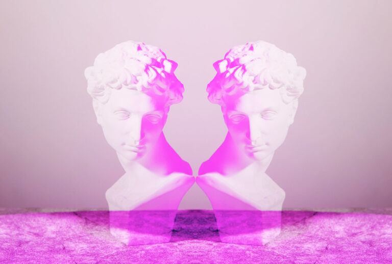Pink symmetrical image of portrait sculpture of Giuliano de' Medici created by Michelangelo Buonarroti in 16 century (Getty Images)