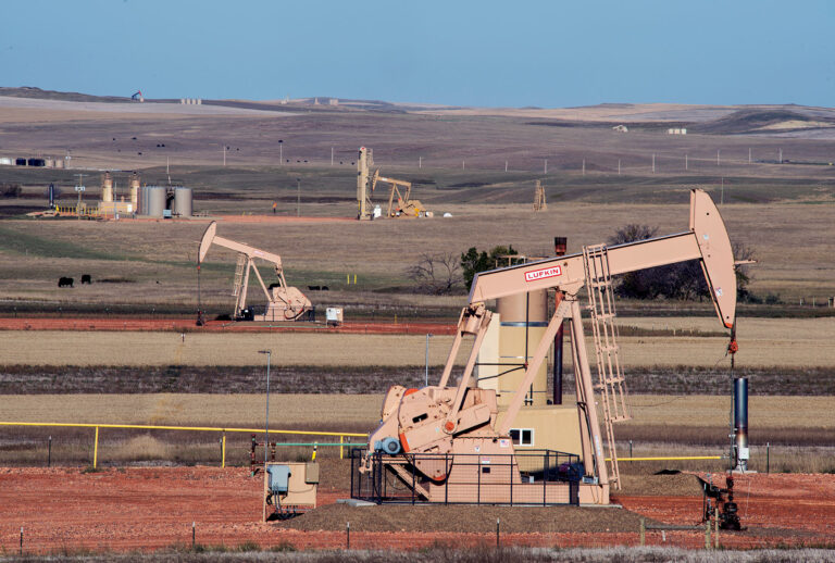 Oil well pads operated by Continental Resources dot the wheat fields of eastern Montana north east of Sidney, Montana in Richland County in the Bakken oil formation. (William Campbell/Corbis via Getty Images)
