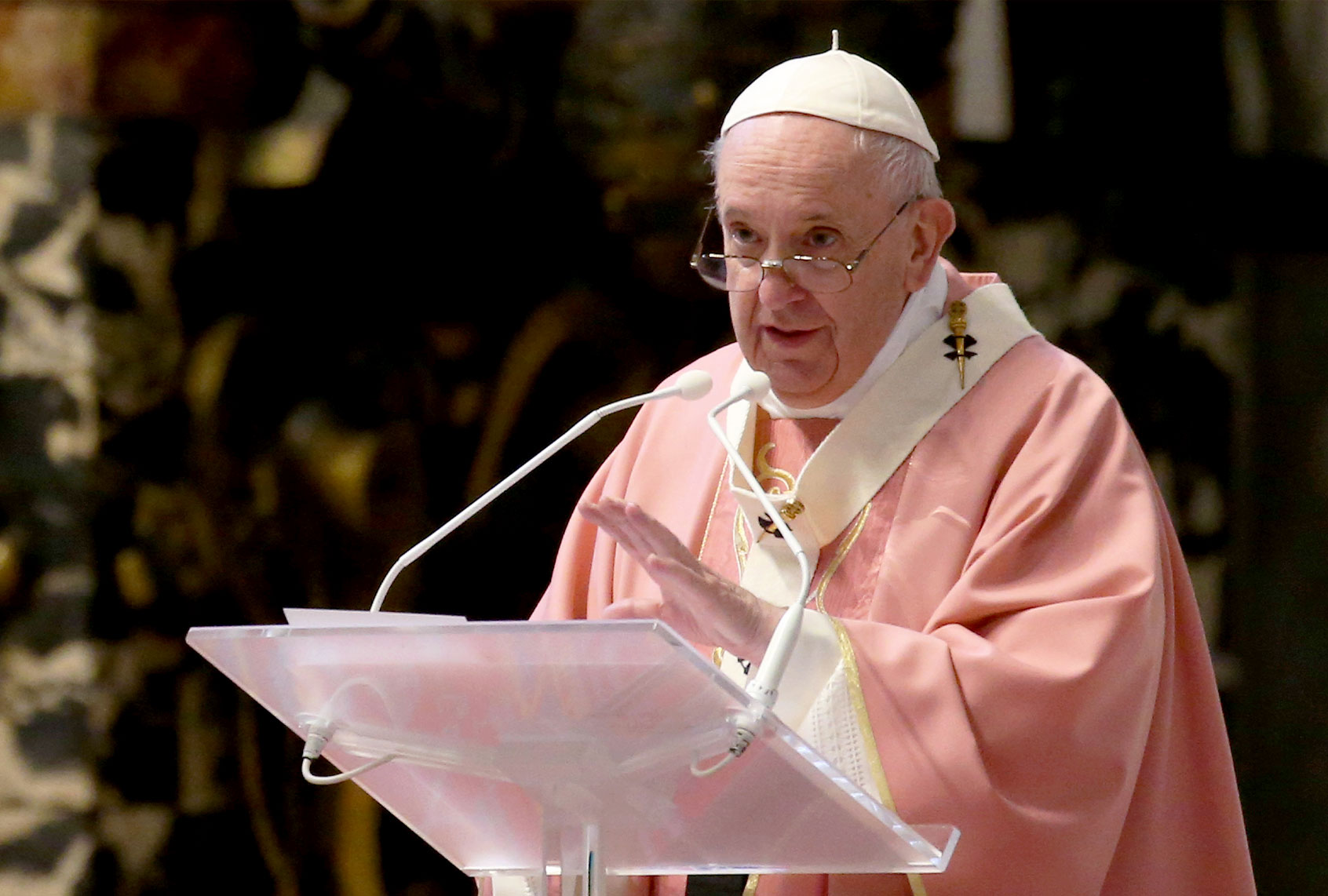 Pope Francis celebrates Holy Mass in St. Peter's Basilica for the 500th anniversary of the evangelization of the Philippines. Vatican City (Vatican), March 14th, 2021 (Grzegorz Galazka/Archivio Grzegorz Galazka/Mondadori Portfolio via Getty Images)