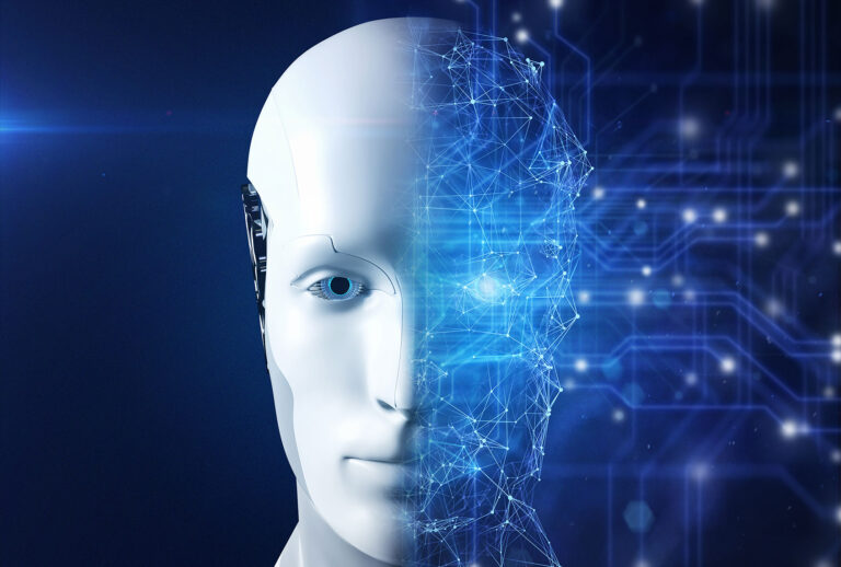 Artificial Intelligence robot face is divided in two parts, completion and networking on circuit background (Getty Images)