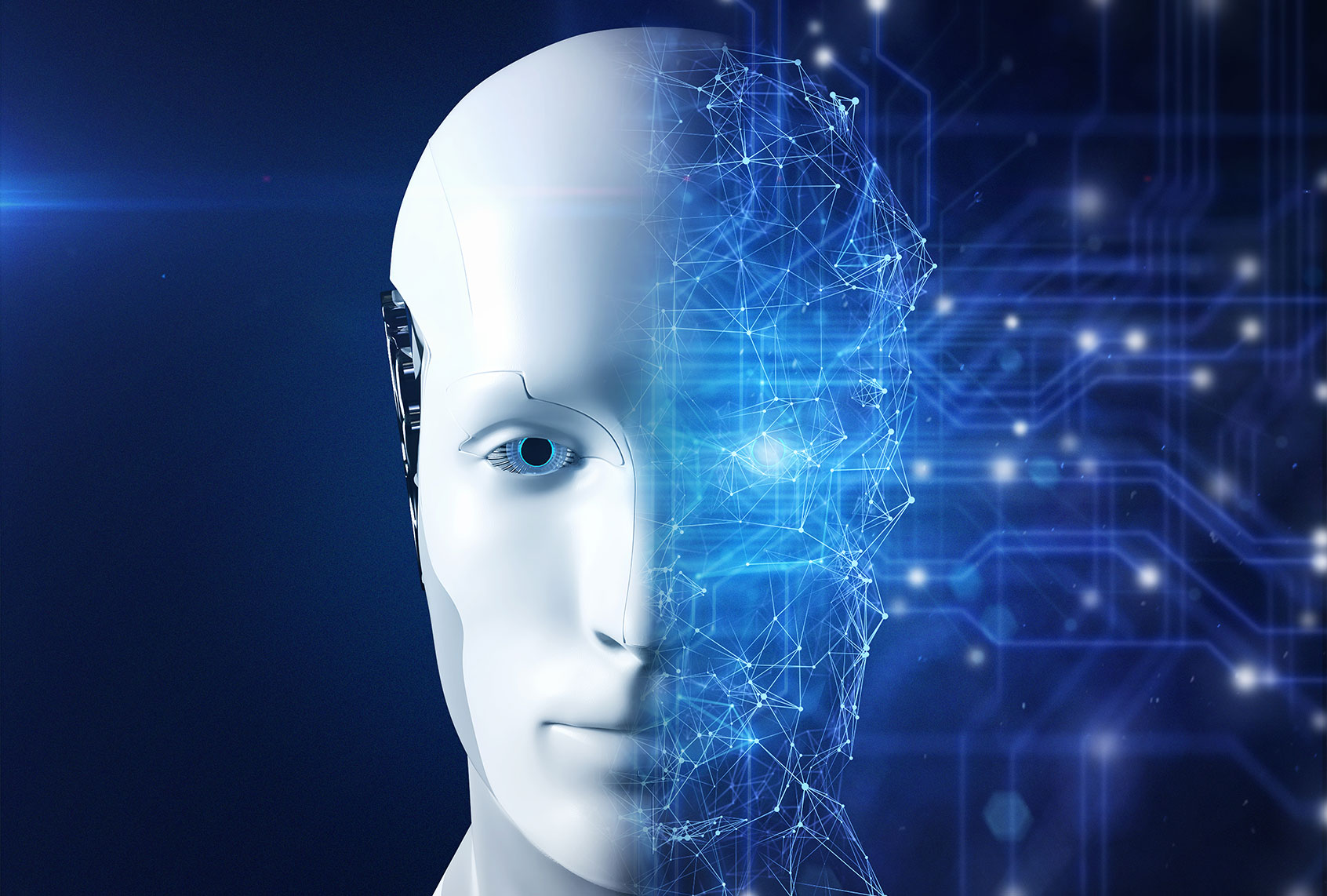 Artificial Intelligence robot face is divided in two parts, completion and networking on circuit background (Getty Images)