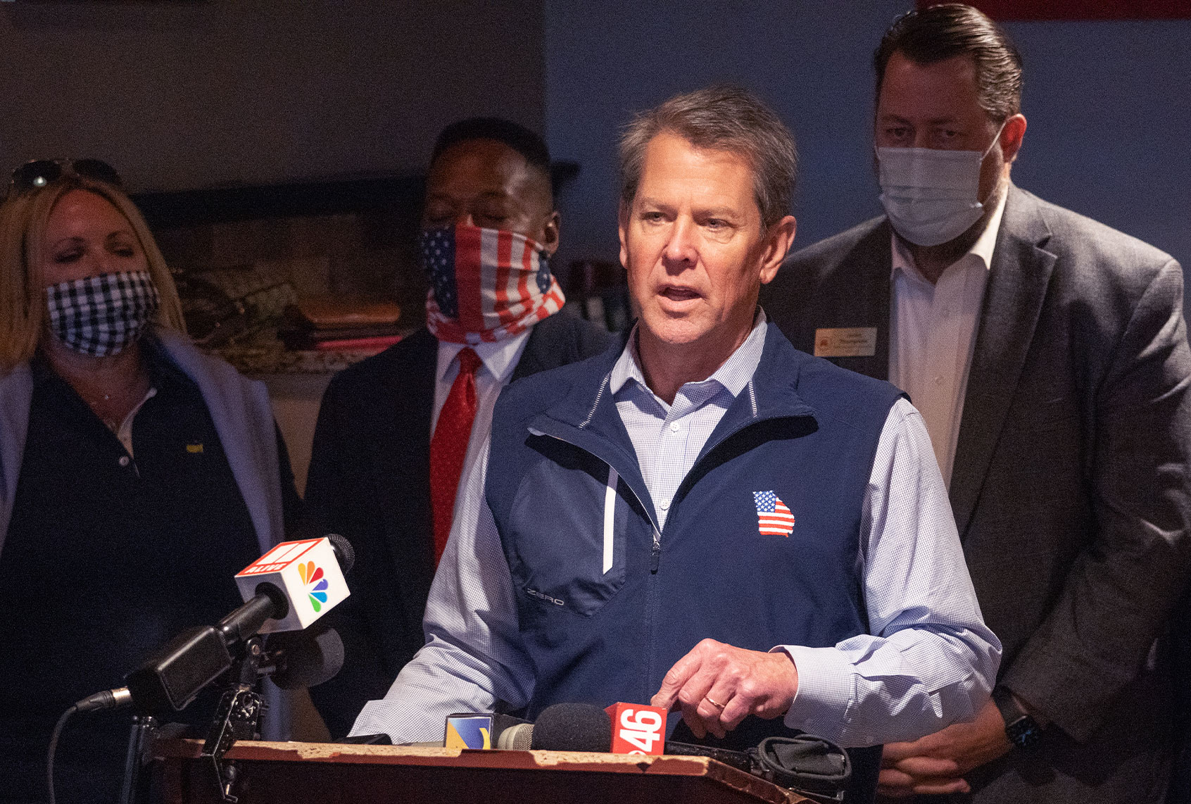Georgia Gov. Brian Kemp speaks at a news conference about the state's new Election Integrity Law that passed this week at AJ’s Famous Seafood and Poboys on April 10, 2021 in Marietta, Georgia. Major League Baseball announced it would move the All-Star Game out of Georgia in response to the election bill, which opponents claim will negatively affect the minority population's ability to vote. There is also a concern for the economic impact this will have on the state following the MLB's decision. The bill's passage follows the Governor's decision to lift many of the restrictions in place for protection from COVID-19. (Megan Varner/Getty Images)