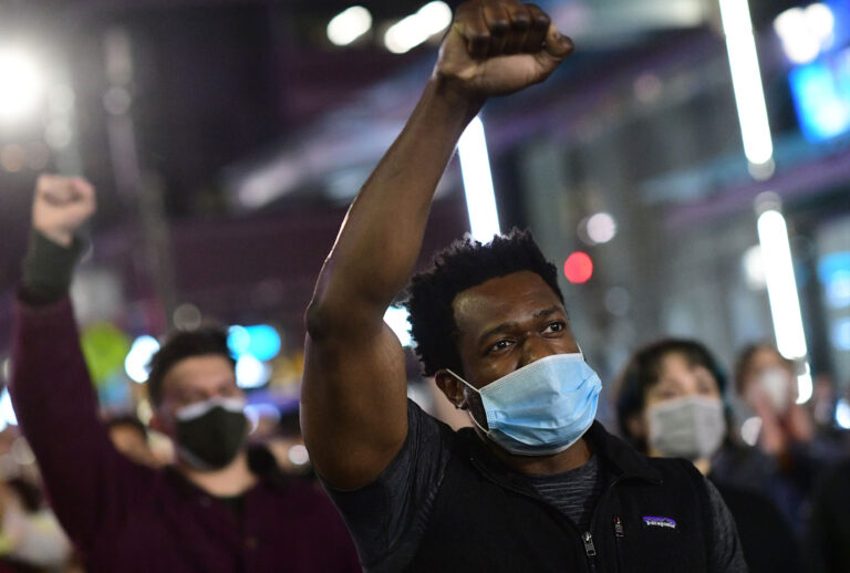 Activists march to protest the death of Daunte Wright on April 13, 2021 in Philadelphia, Pennsylvania. People have taken to the streets to protest after Daunte Wright, a 20-year old black man, was shot and killed by police in Brooklyn Center, Minnesota. (Mark Makela/Getty Images)