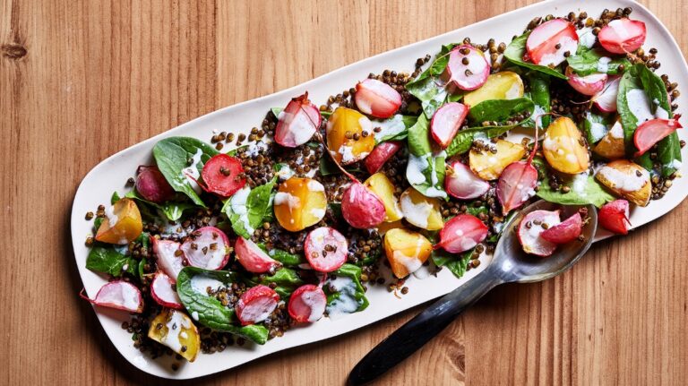 Roasted radishes with crispy lentils and buttermilk dressing photographed for Voraciously at The Washington Post via Getty Images in Washington, DC. (Photo by Stacy Zarin Goldberg for The Washington Post via Getty Images)
