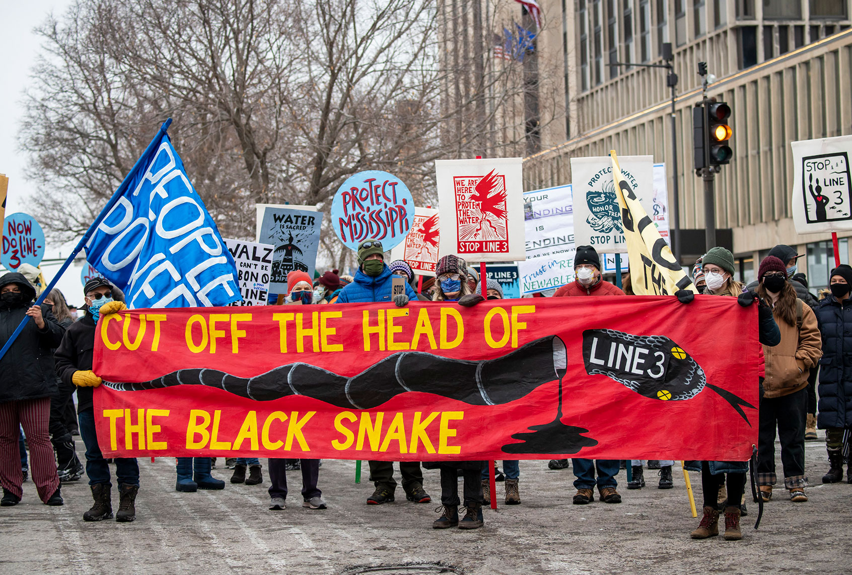 Indigenous groups and opponents of the Enbridge Energy Line 3 oil pipeline replacement project protest its construction across northern Minnesota. The proposed route for Line 3 crosses 227 lakes and rivers, including the Mississippi River and rivers that feed directly into Lake Superior. (Michael Siluk/Education Images/Universal Images Group via Getty Images)